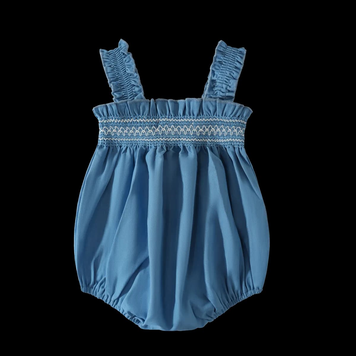 Denim-Blue Cotton Ruffle-Strap Bubble Romper