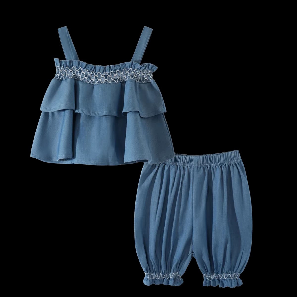 Denim-Blue Cotton Smocked Two-Piece Set