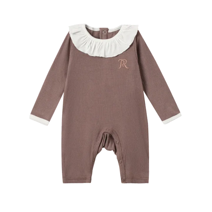 Classic Ribbed Modal Ruffle-Collar Long-Sleeve Romper