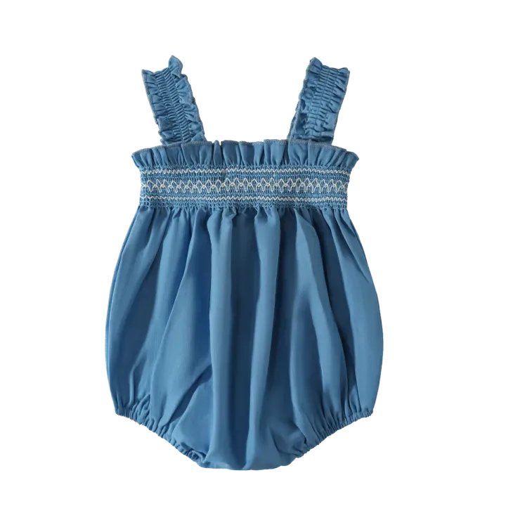Denim-Blue Cotton Ruffle-Strap Bubble Romper