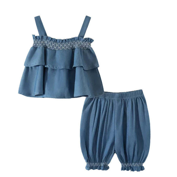 Denim-Blue Cotton Smocked Two-Piece Set