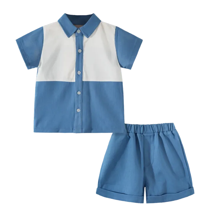 Blue and White Cotton Shirt & Shorts Set