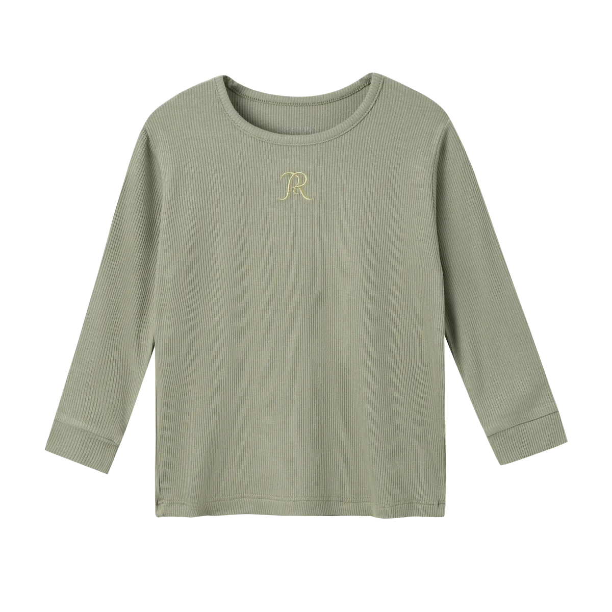 Front of the Pickle modal top showing vertical ribs and embroidered R