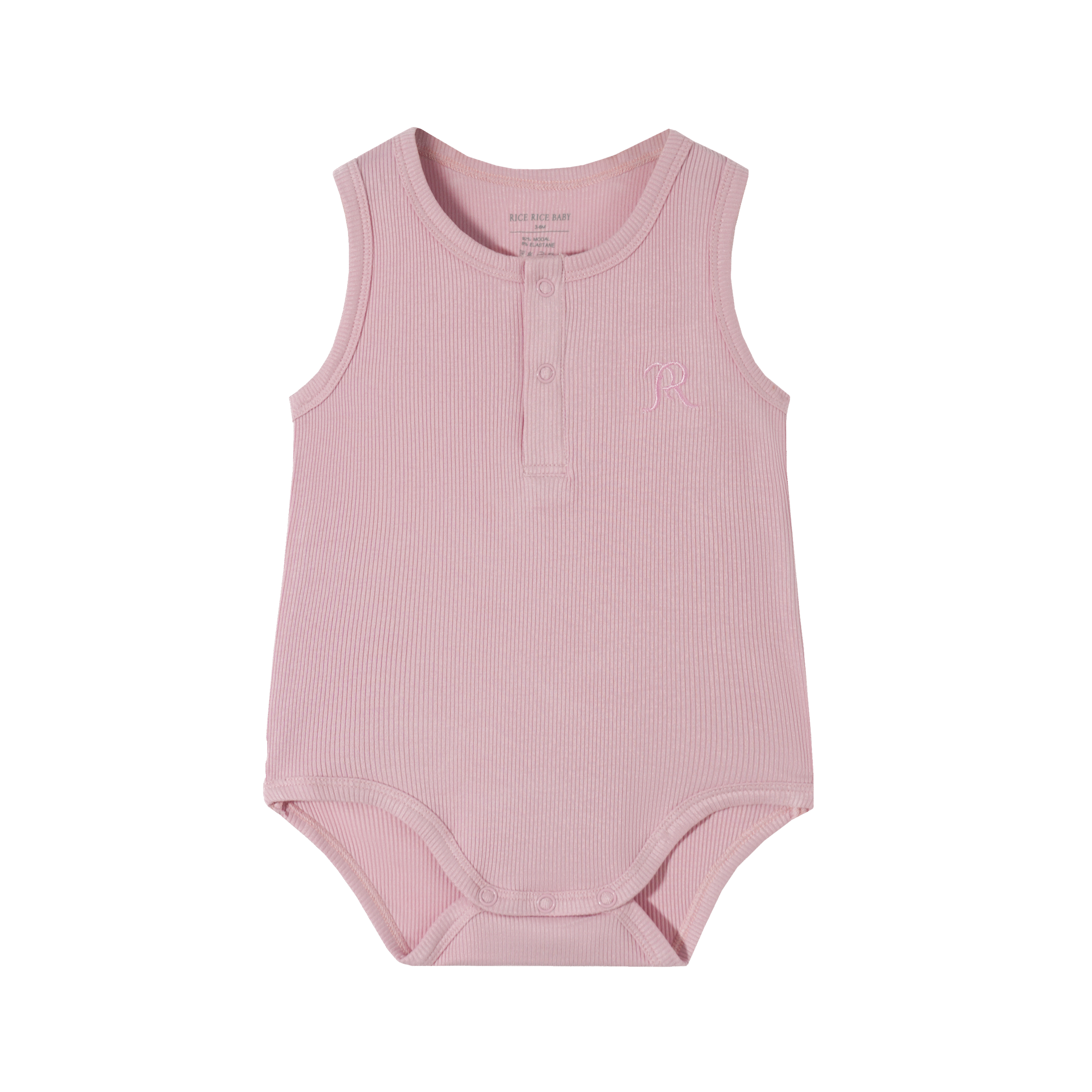 Soft ribbed modal-cotton baby bodysuit, dark pink, sleeveless, front button placket, embroidered R logo.
