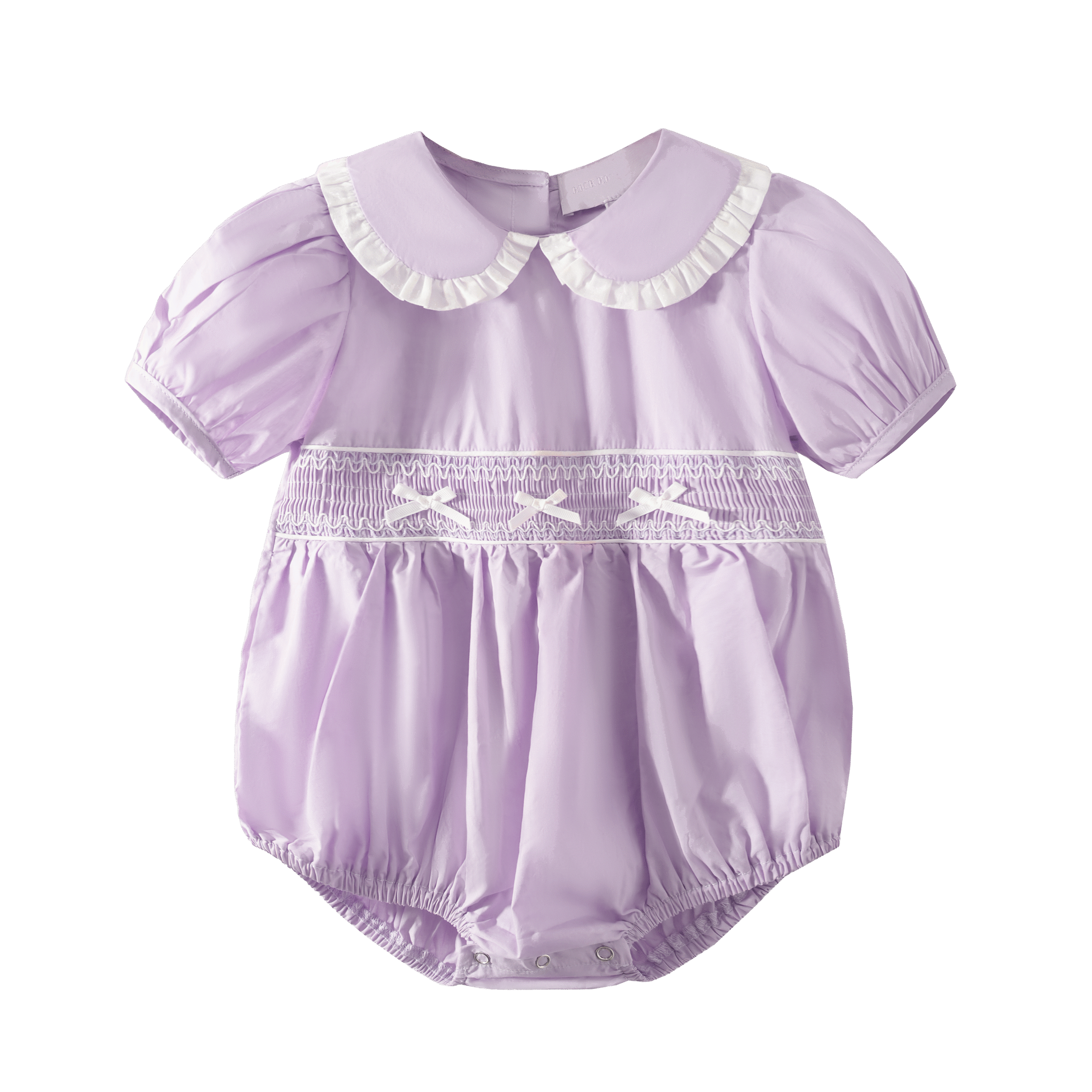 Pastel pink smocked baby romper with puff sleeves and embroidery