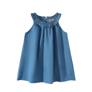 Denim blue sleeveless A-line baby dress with ruffled neckline, lightweight and elegant design.