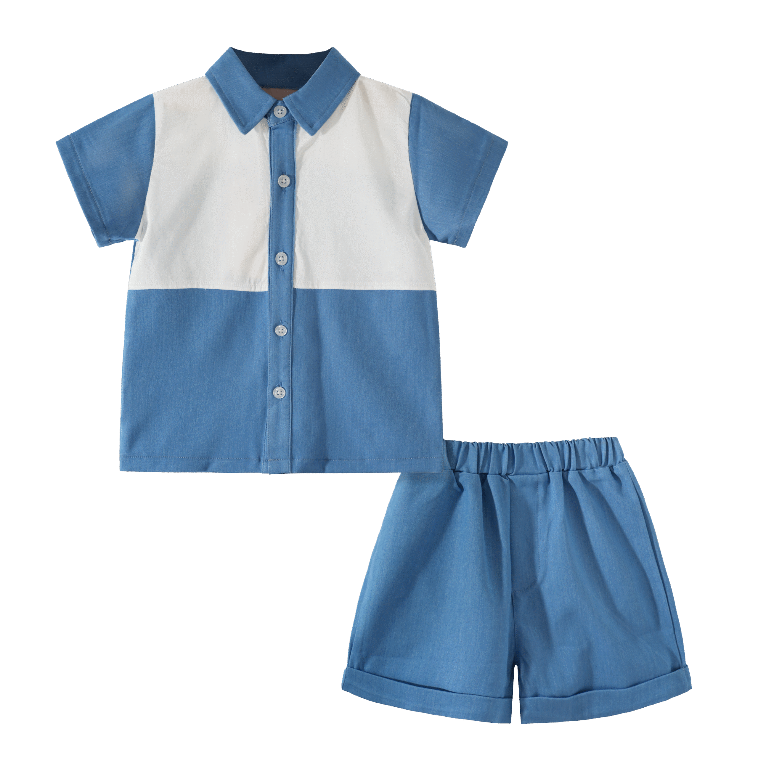 Denim blue baby boy polo set with short-sleeve button-up shirt and matching shorts in breathable fabric.