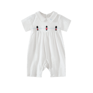 White modal short-sleeve embroidered baby romper with guard motif
