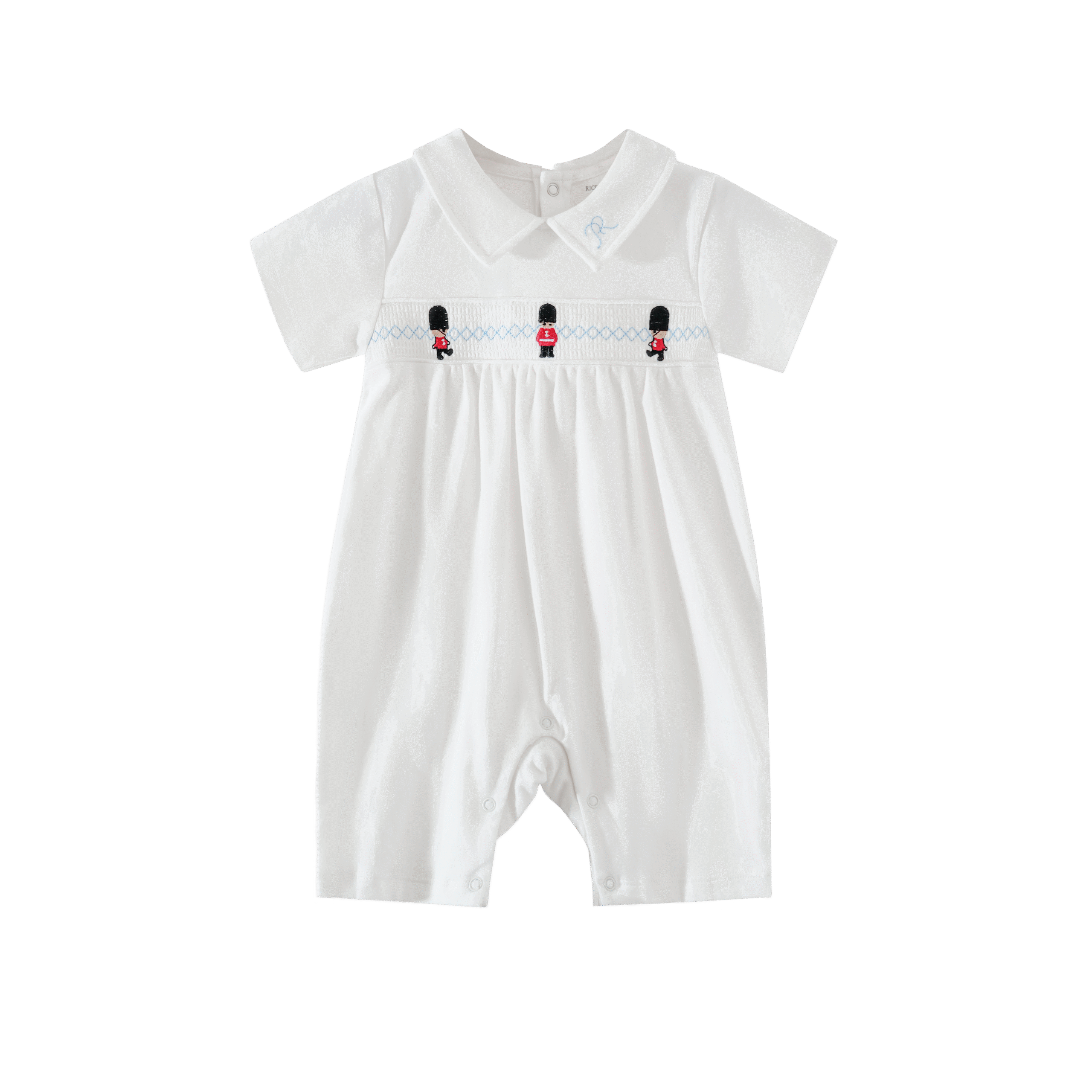 White modal short-sleeve embroidered baby romper with guard motif
