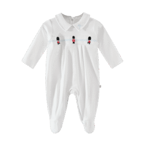 White modal long-sleeve embroidered baby romper with footed design